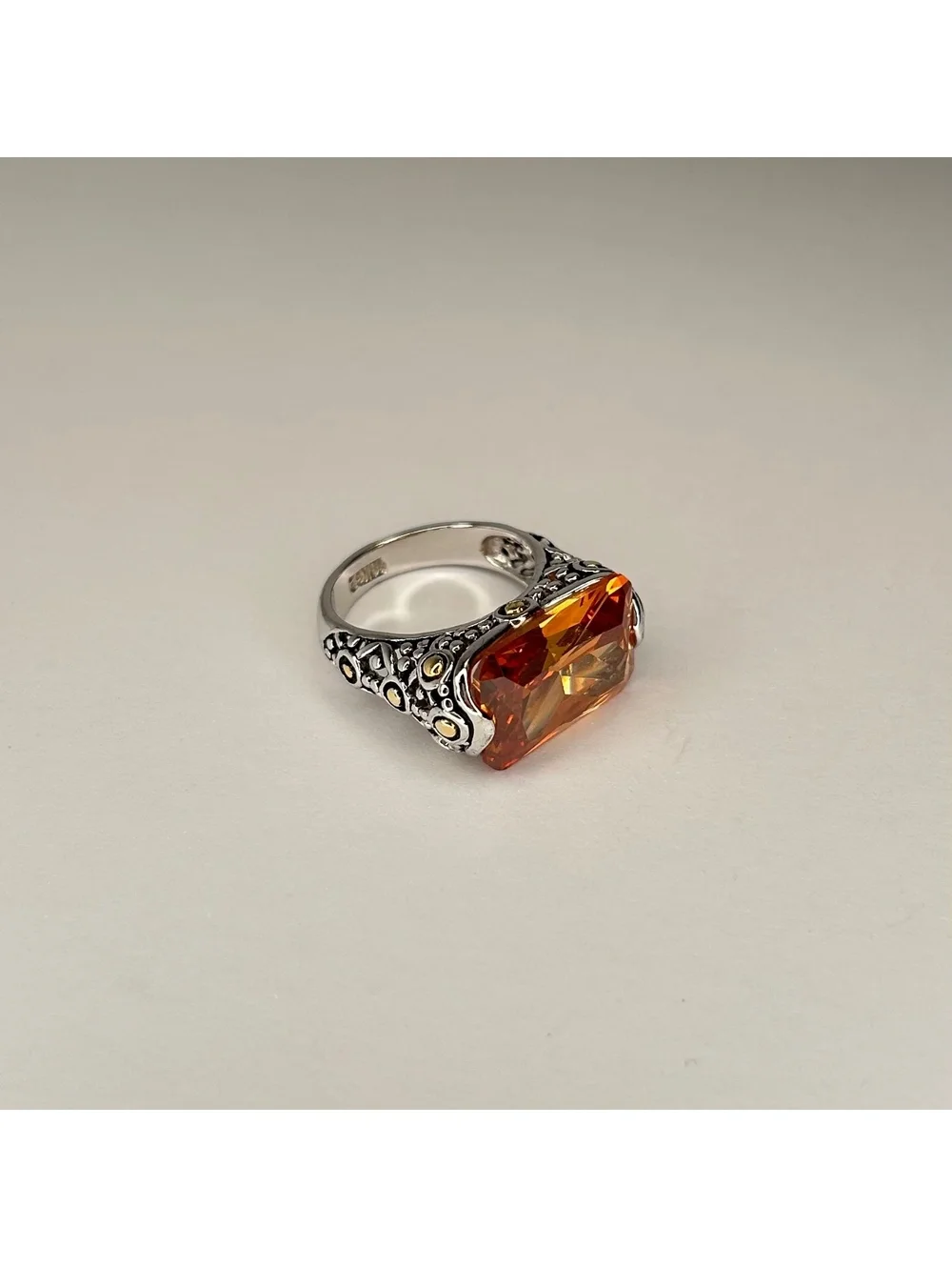 Vintage Style Silver Tone Citrine Topaz CZ and 18K GE Statement Ring - Size 9.25
